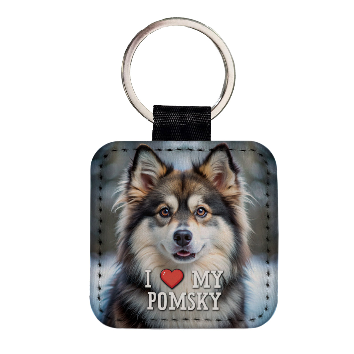I Love My Pomsky Dog Heart Square Faux Leather Keychain