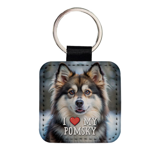 I Love My Pomsky Dog Heart Square Faux Leather Keychain