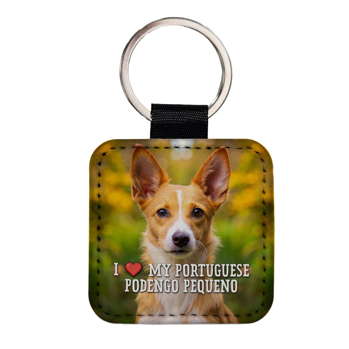 I Love My Portuguese Podengo Pequeno Dog Heart Square Faux Leather Keychain