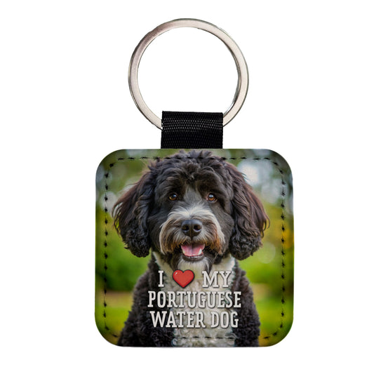 I Love My Portuguese Water Dog Heart Square Faux Leather Keychain