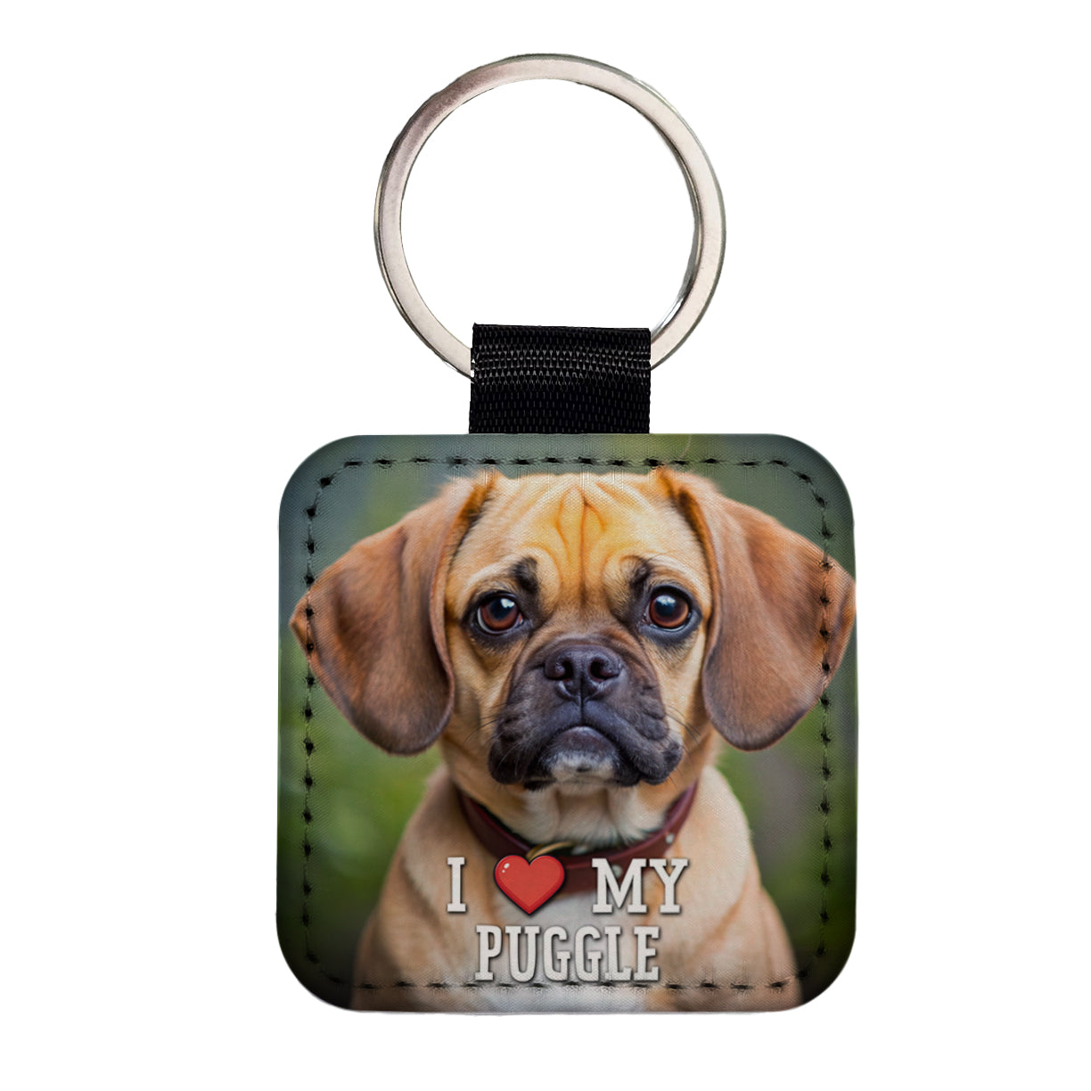 I Love My Puggle Dog Heart Square Faux Leather Keychain