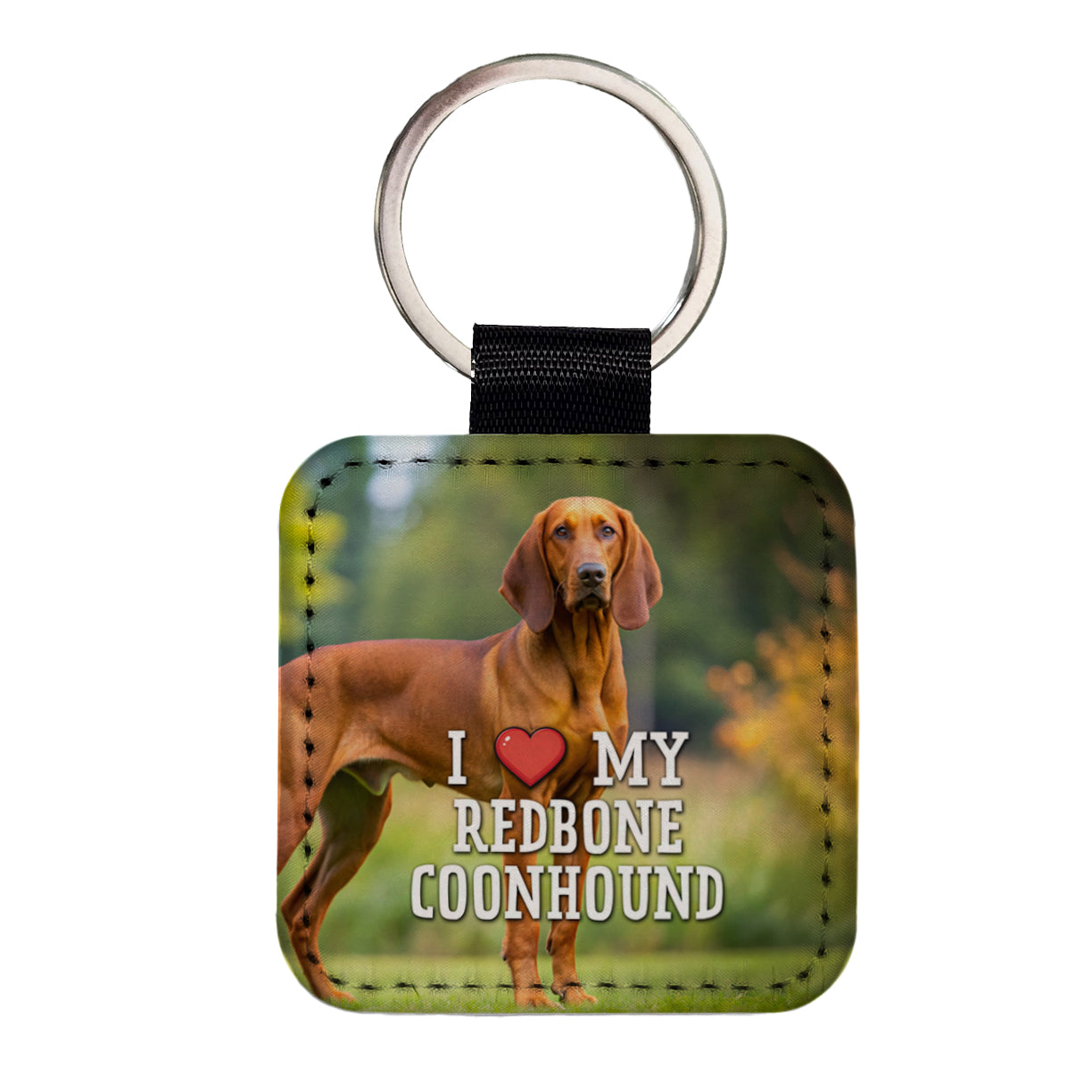 I Love My Redbone Coonhound Dog Heart Square Faux Leather Keychain