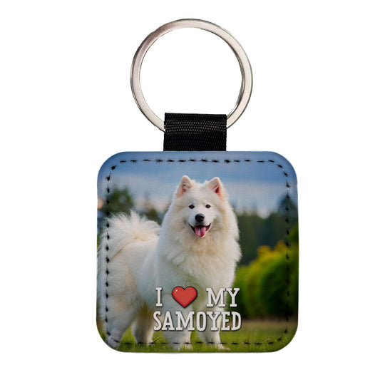 I Love My Samoyed Dog Heart Square Faux Leather Keychain