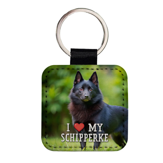 I Love My Schipperke Dog Heart Square Faux Leather Keychain