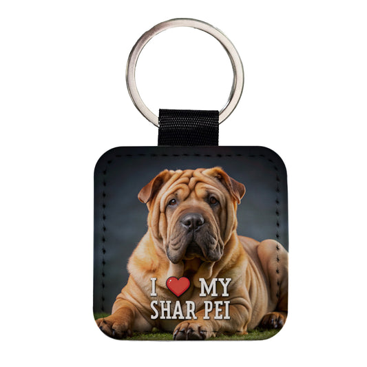 I Love My Shar Pei Dog Heart Square Faux Leather Keychain