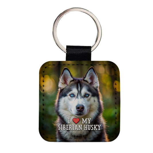 I Love My Siberian Husky Dog Heart Square Faux Leather Keychain