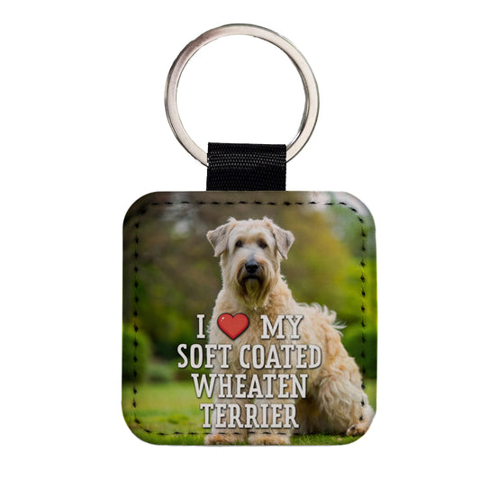 I Love My Soft Coated Wheaten Terrier Dog Heart Square Faux Leather Keychain