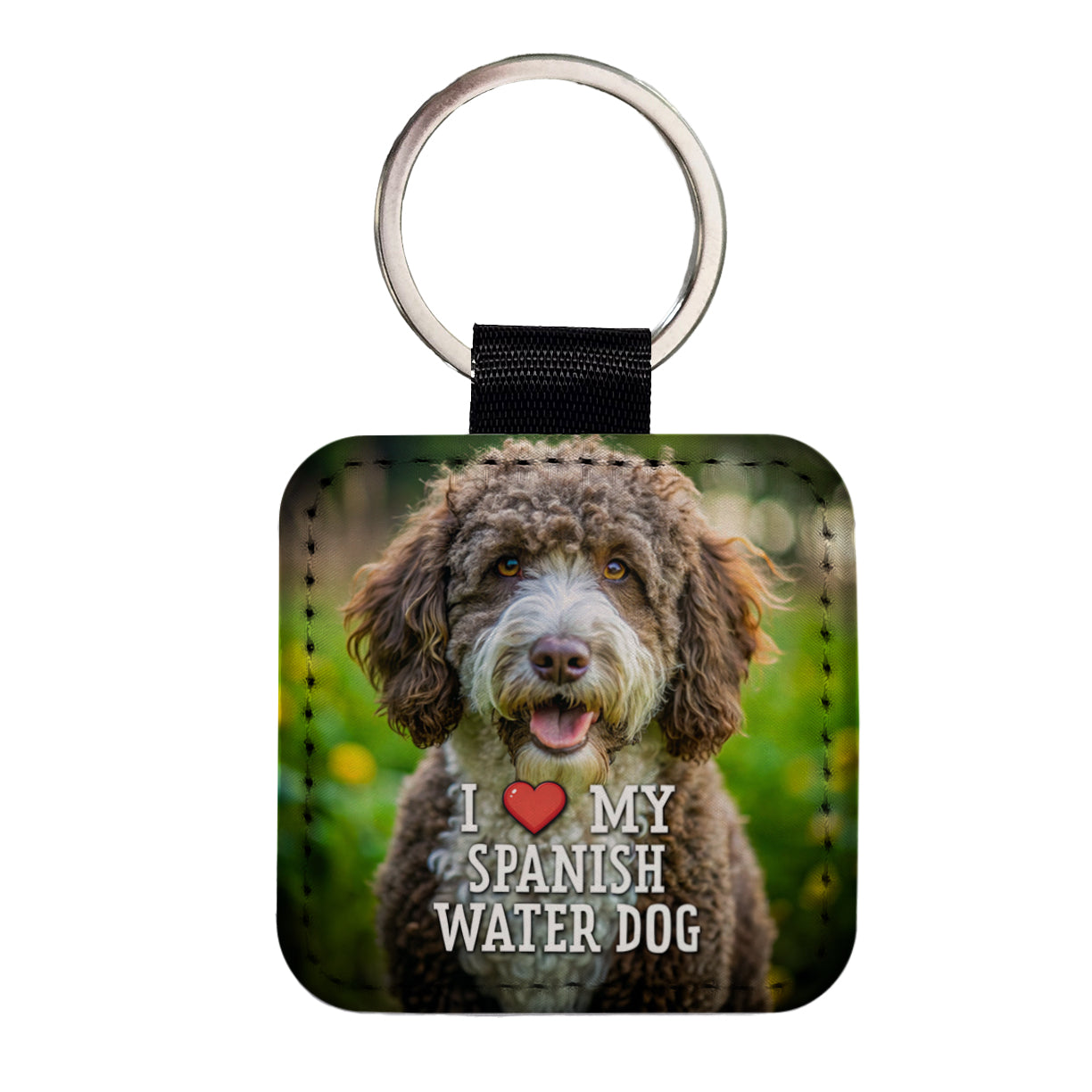 I Love My Spanish Water Dog Heart Square Faux Leather Keychain