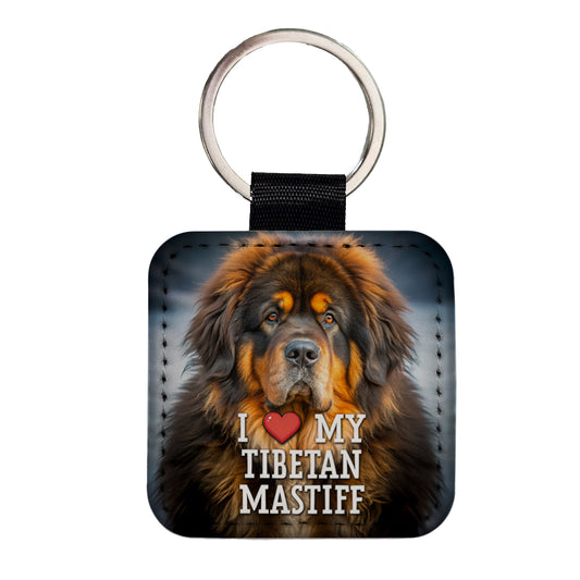 I Love My Tibetan Mastiff Dog Heart Square Faux Leather Keychain
