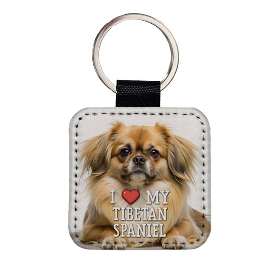 I Love My Tibetan Spaniel Dog Heart Square Faux Leather Keychain