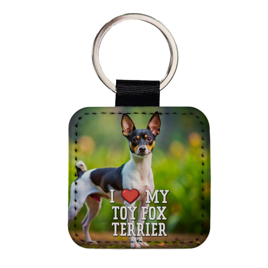 I Love My Toy Fox Terrier Dog Heart Square Faux Leather Keychain