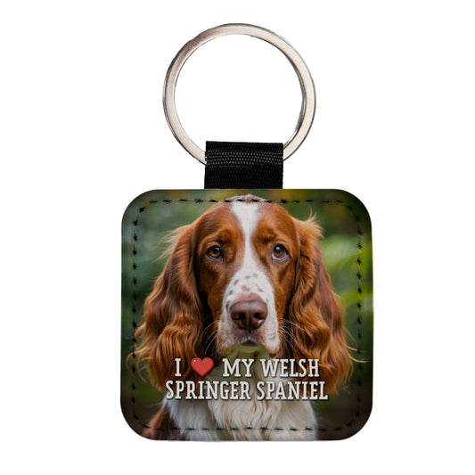 I Love My Welsh Springer Spaniel Dog Heart Square Faux Leather Keychain