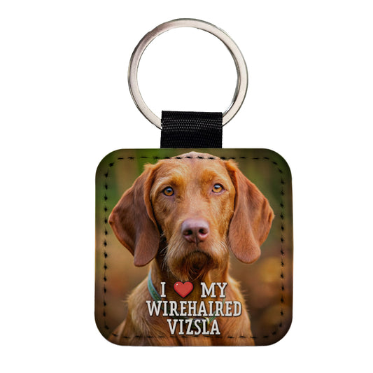 I Love My Wirehaired Vizsla Dog Heart Square Faux Leather Keychain