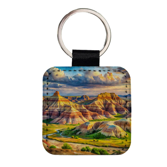 Badlands National Park South Dakota Watercolor Style Square Faux Leather Keychain