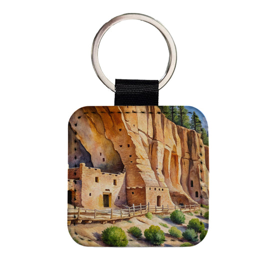 Bandelier National Monument New Mexico Watercolor Style Square Faux Leather Keychain