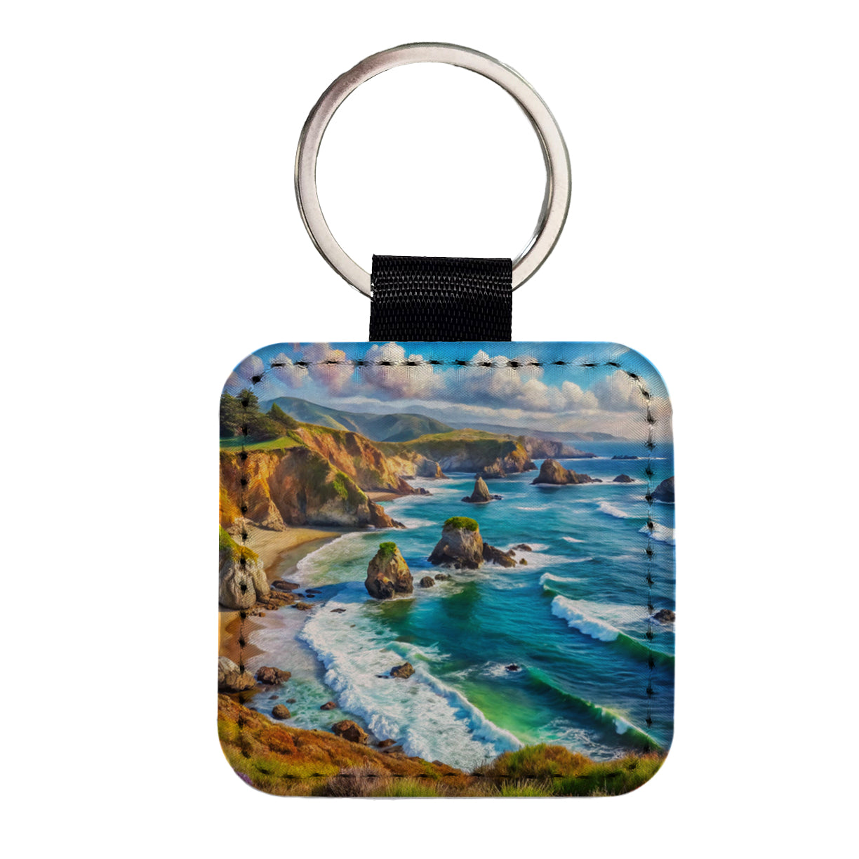 California Coastal National Monument California Watercolor Style Square Faux Leather Keychain