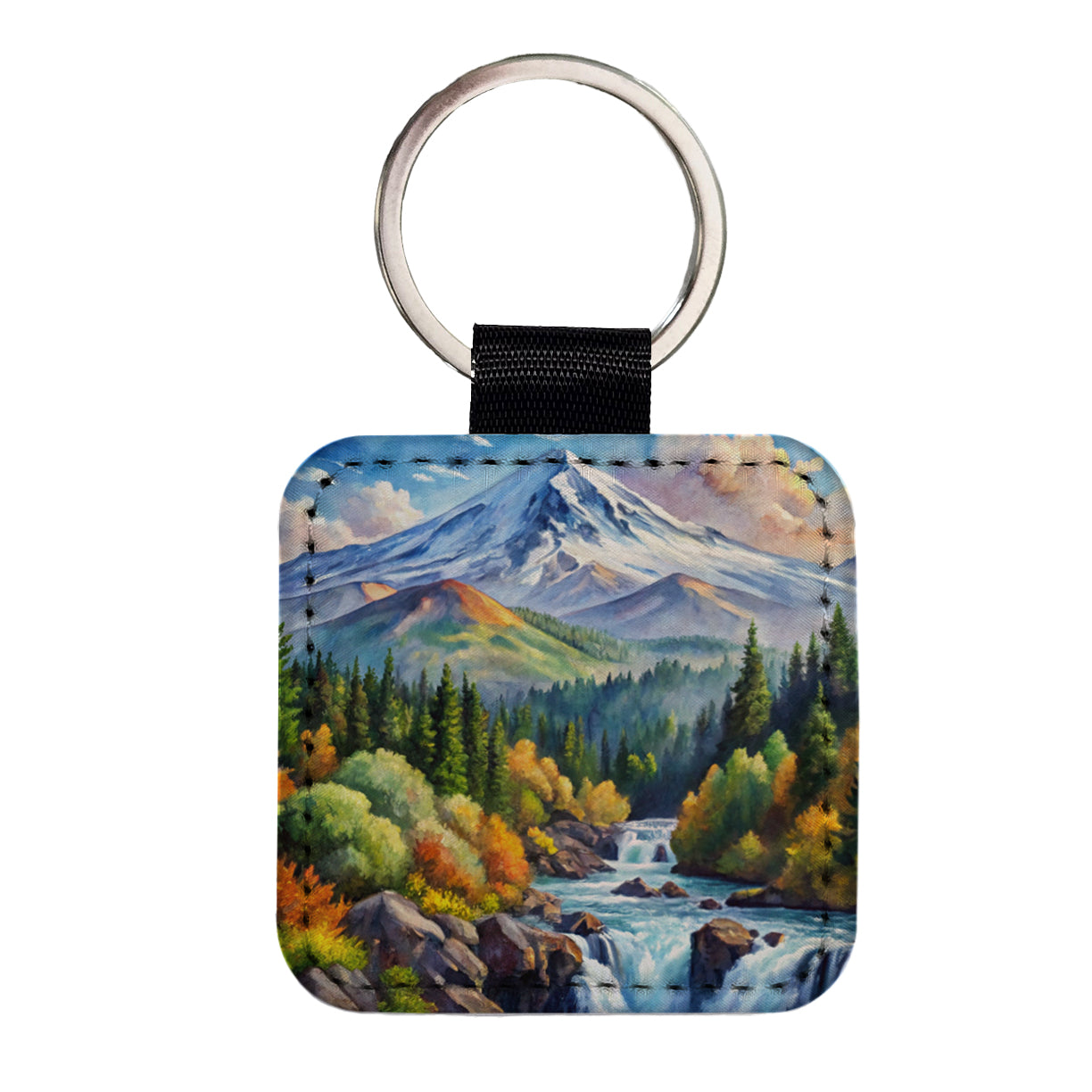 Cascade - Siskiyou National Monument California, Oregon Watercolor Style Square Faux Leather Keychain
