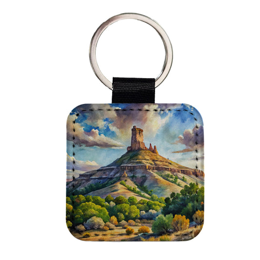 Chimney Rock National Monument Colorado Watercolor Style Square Faux Leather Keychain