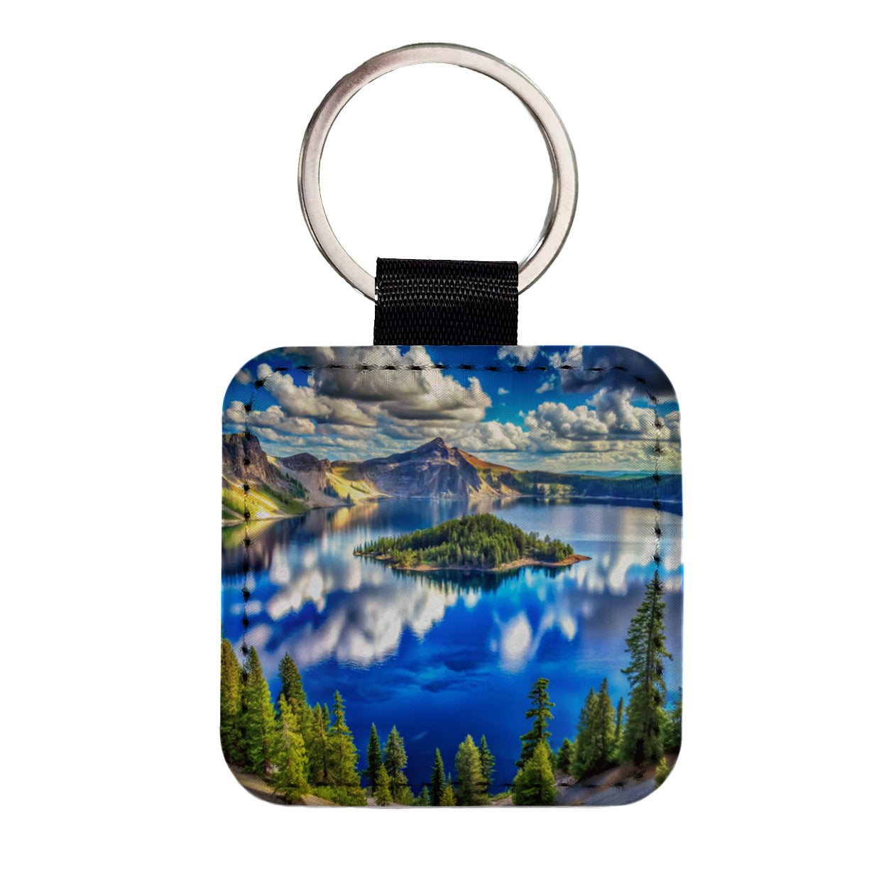 Crater Lake National Park Oregon Watercolor Style Square Faux Leather Keychain