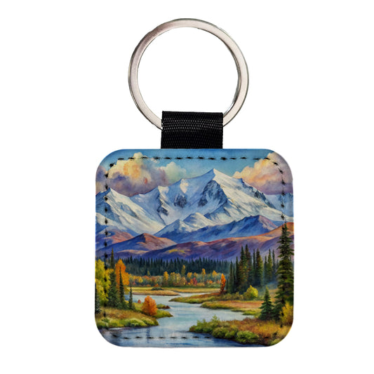 Denali National Park Alaska Watercolor Style Square Faux Leather Keychain