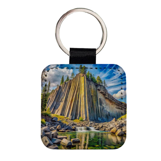Devils Postpile National Monument California Watercolor Style Square Faux Leather Keychain