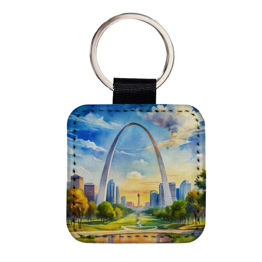 Gateway Arch National Park Missouri Watercolor Style Square Faux Leather Keychain