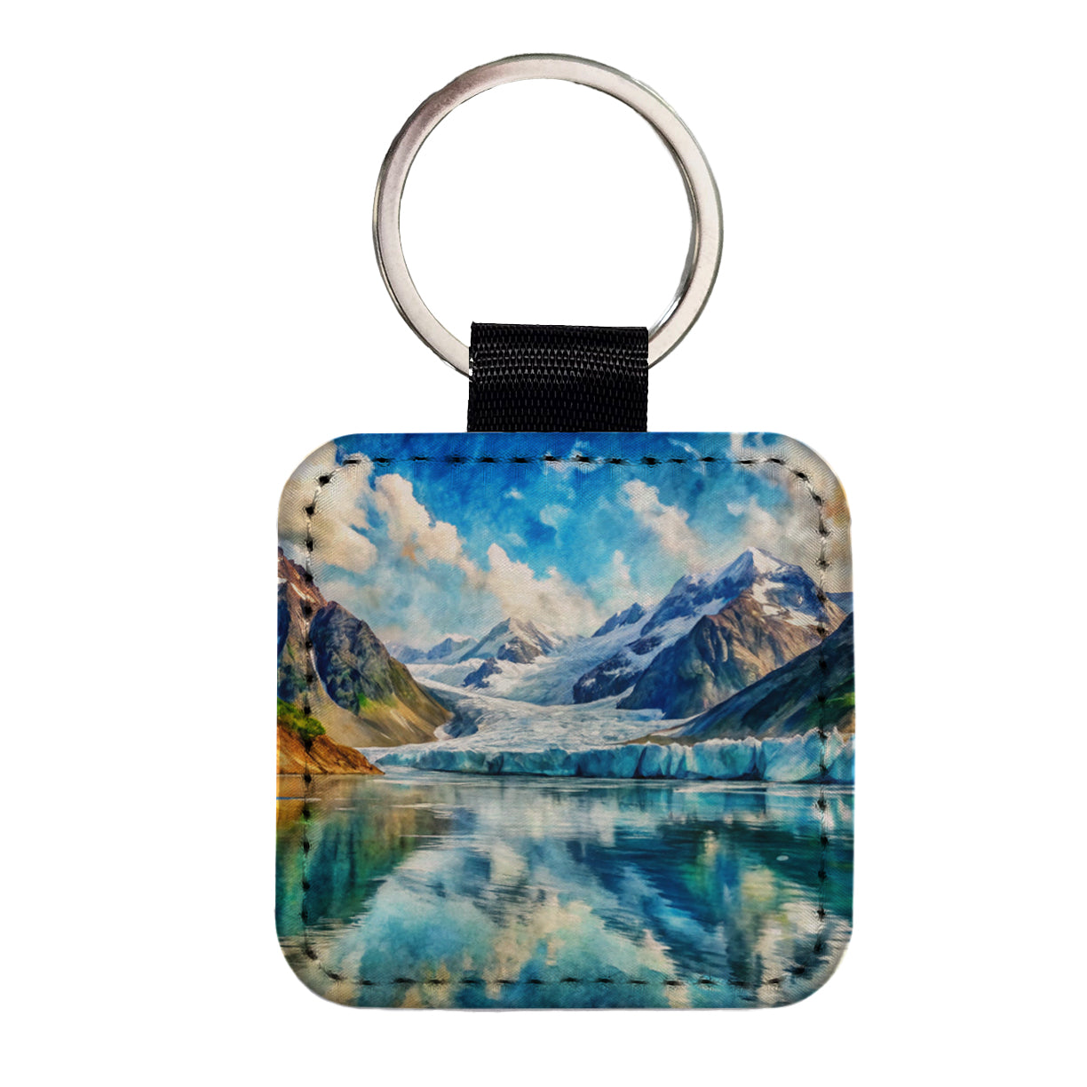 Glacier Bay National Park Alaska Watercolor Style Square Faux Leather Keychain