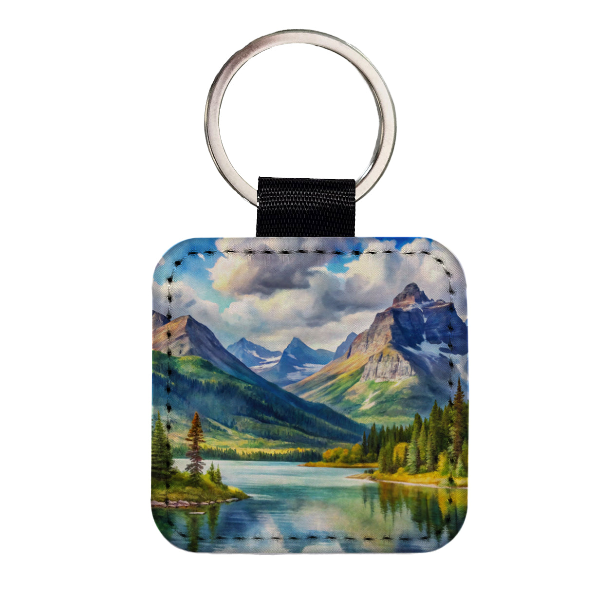 Glacier National Park Montana Watercolor Style Square Faux Leather Keychain