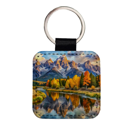 Grand Teton National Park Wyoming Watercolor Style Square Faux Leather Keychain