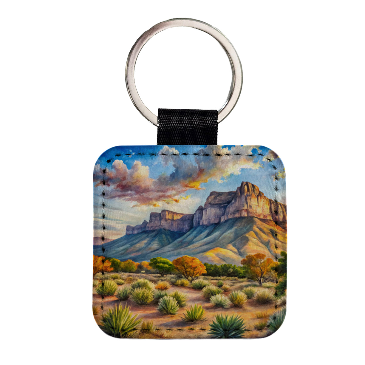 Guadalupe Mountains National Park Texas Watercolor Style Square Faux Leather Keychain