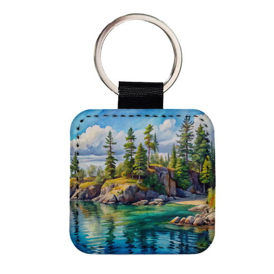 Isle Royale National Park Michigan Watercolor Style Square Faux Leather Keychain