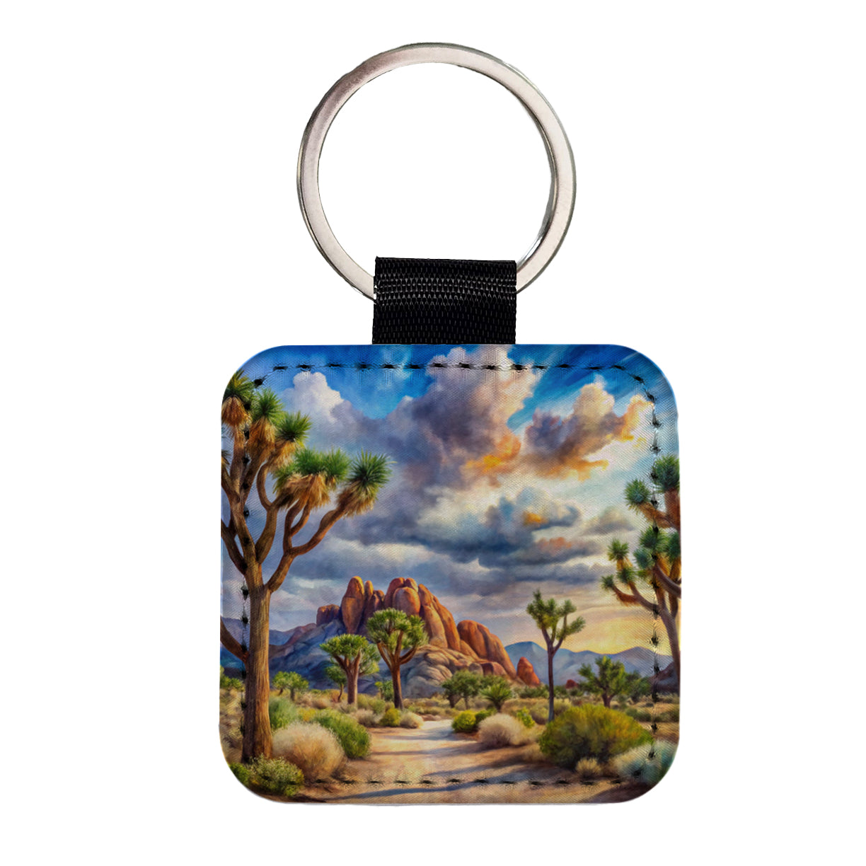 Joshua Tree National Park California Watercolor Style Square Faux Leather Keychain