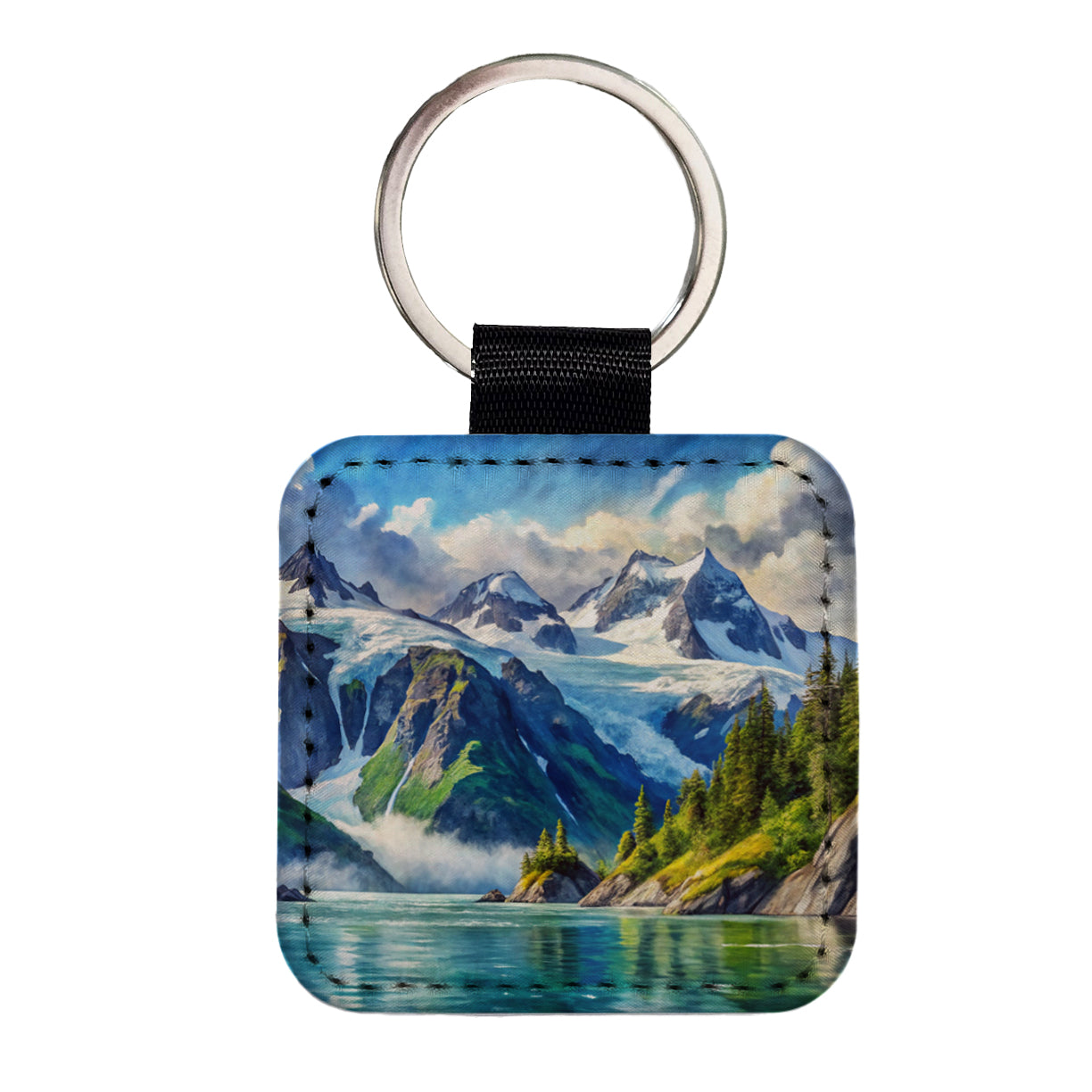 Kenai Fjords National Park Alaska Watercolor Style Square Faux Leather Keychain