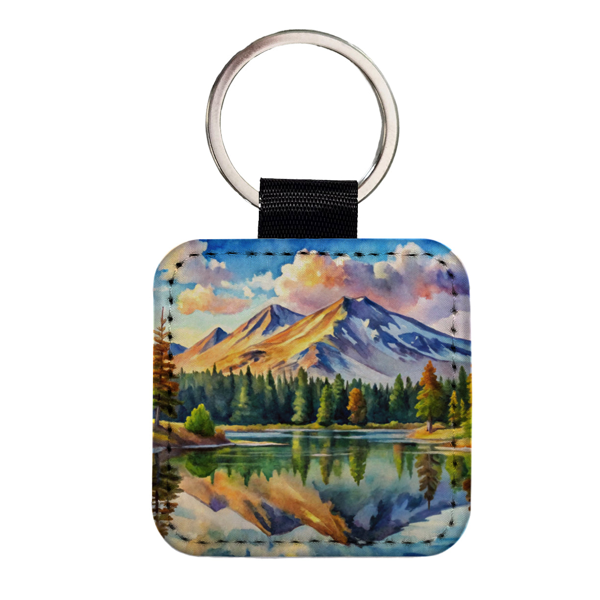 Lassen Volcanic National Park California Watercolor Style Square Faux Leather Keychain