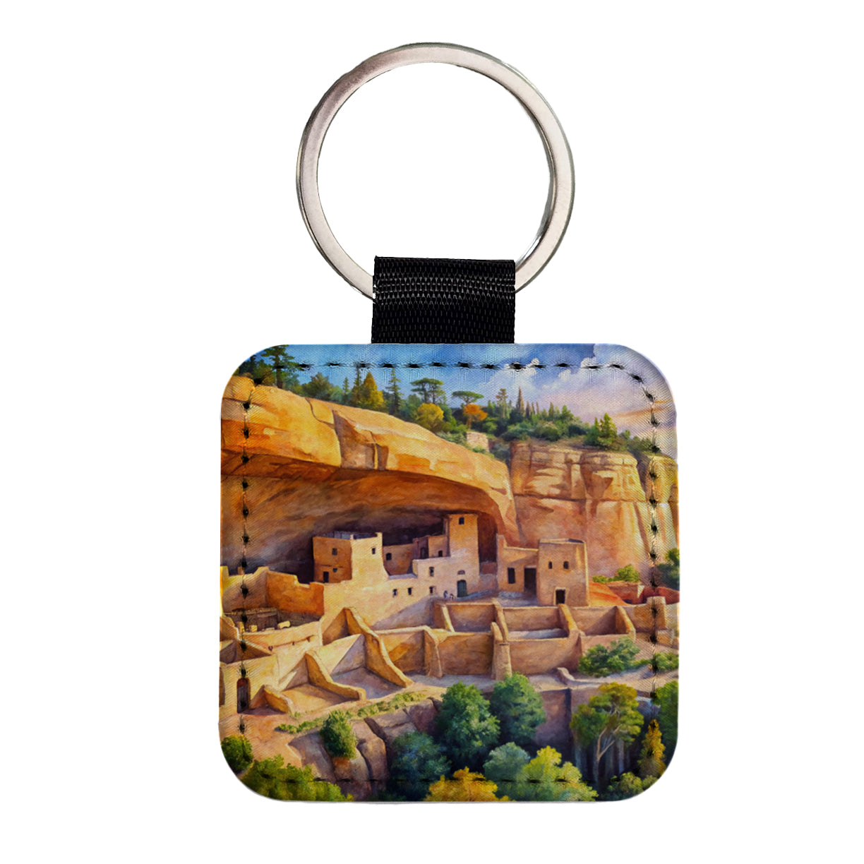 Mesa Verde National Park Colorado Watercolor Style Square Faux Leather Keychain