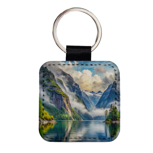Misty Fjords National Monument Alaska Watercolor Style Square Faux Leather Keychain