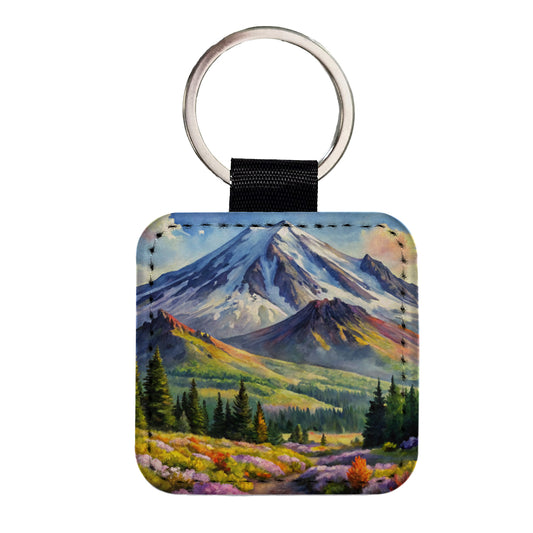 Mount St. Helens Volcanic National Monument Washington Watercolor Style Square Faux Leather Keychain