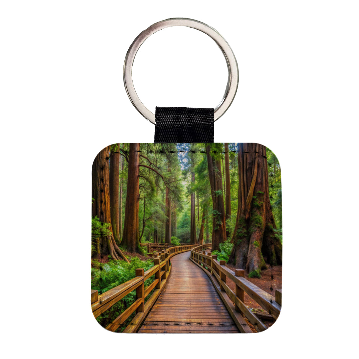 Muir Woods National Monument California Watercolor Style Square Faux Leather Keychain