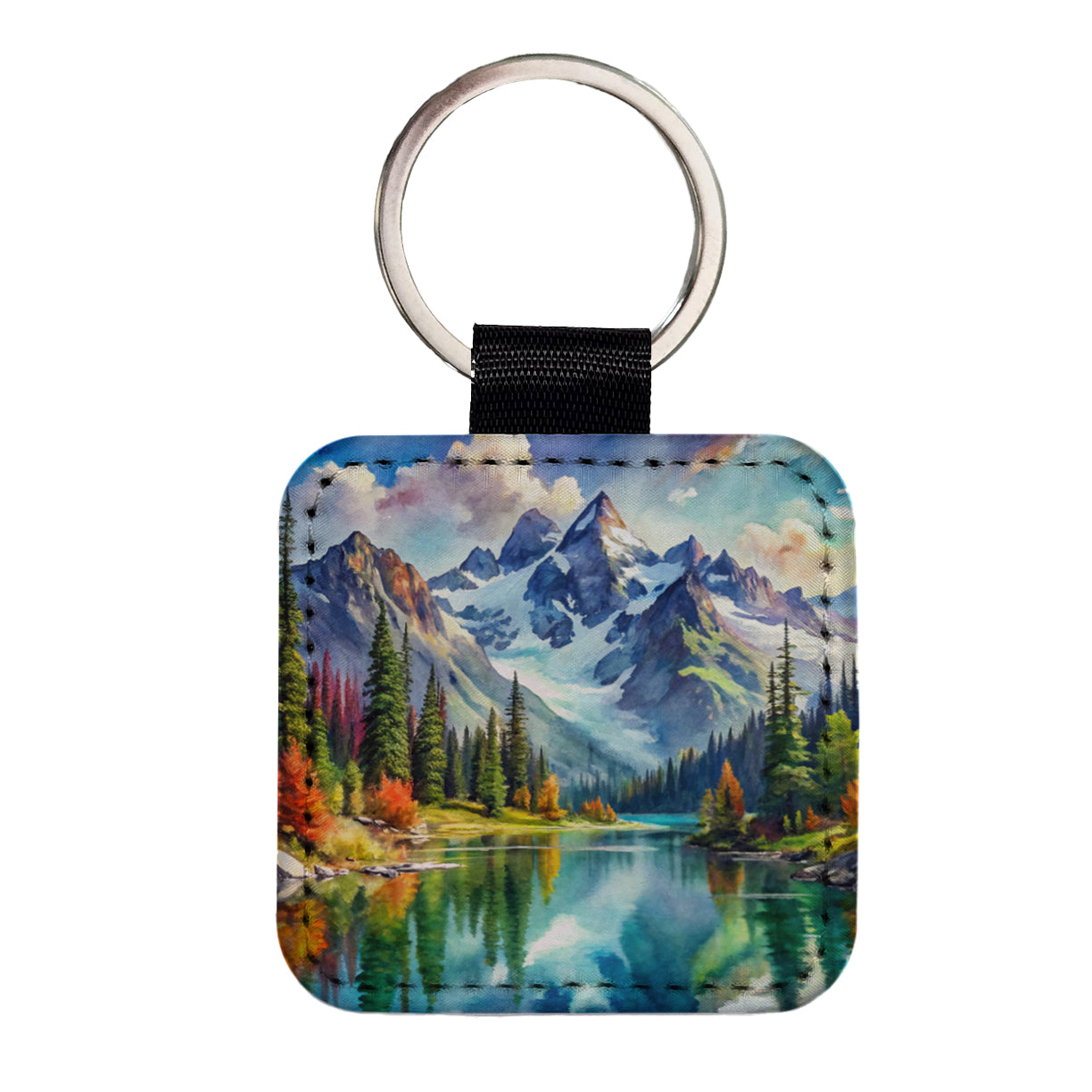 North Cascades National Park Washington Watercolor Style Square Faux Leather Keychain