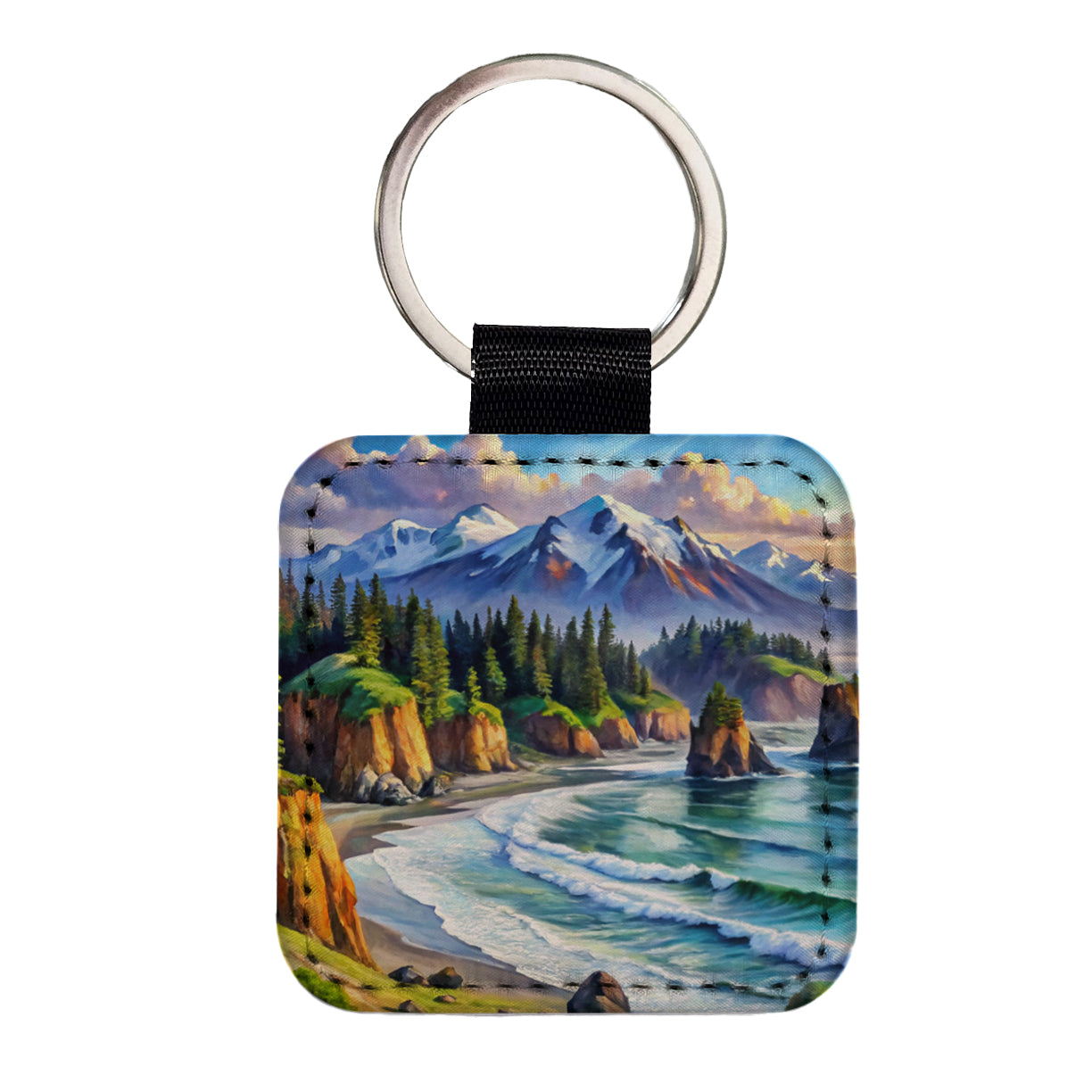 Olympic National Park Washington Watercolor Style Square Faux Leather Keychain