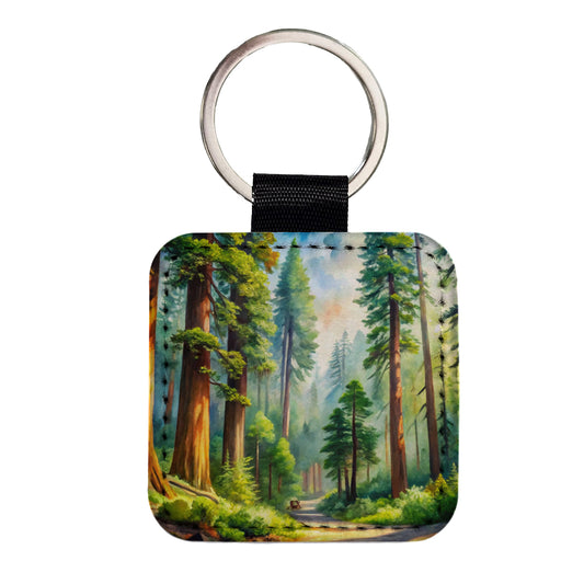 Redwood National Park California Watercolor Style Square Faux Leather Keychain