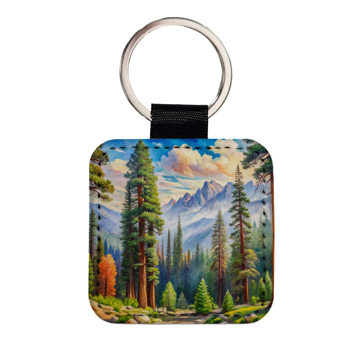 Sequoia National Park California Watercolor Style Square Faux Leather Keychain