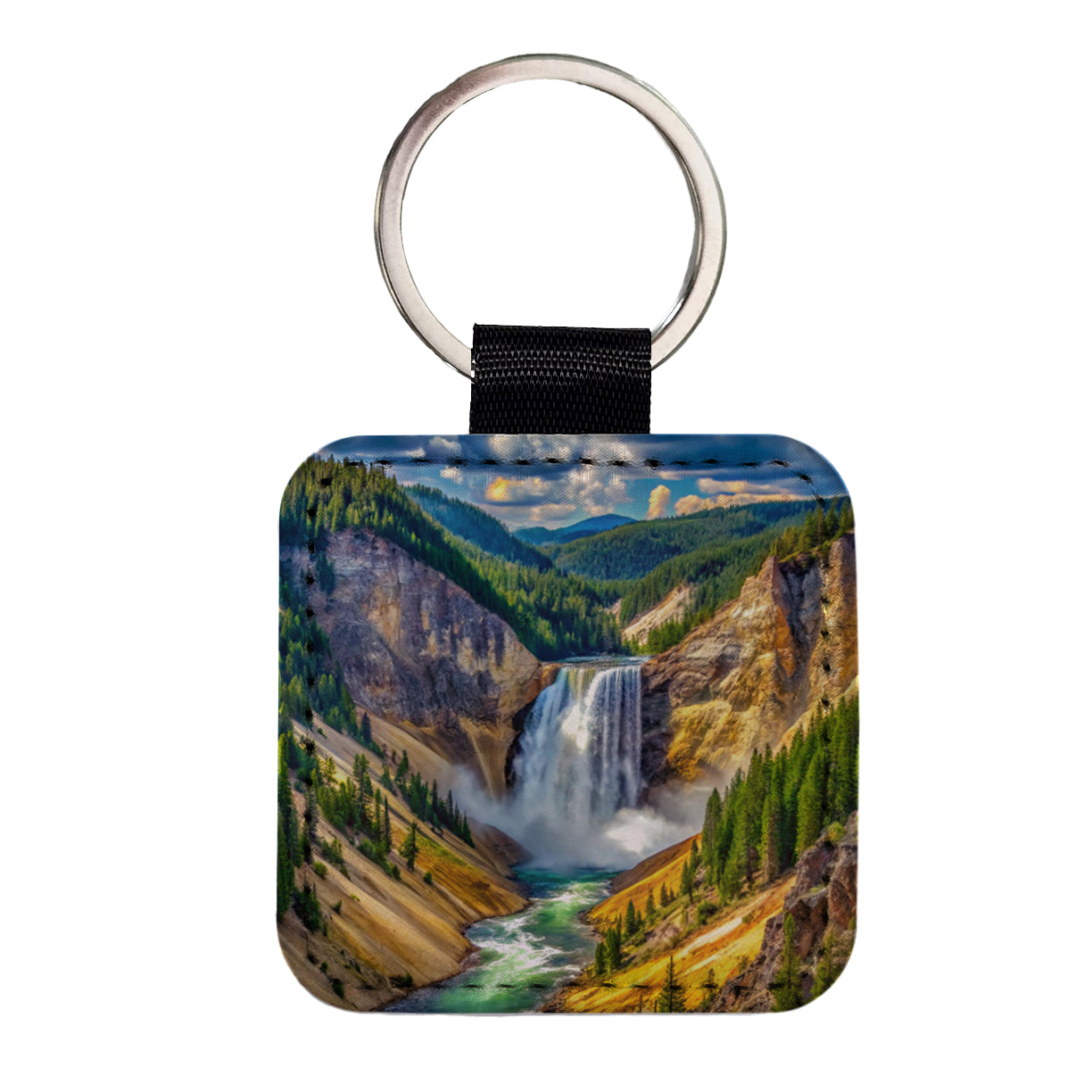 Yellowstone National Park Lower Falls Watercolor Style Square Faux Leather Keychain