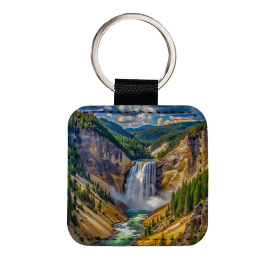 Yellowstone National Park Lower Falls Watercolor Style Square Faux Leather Keychain