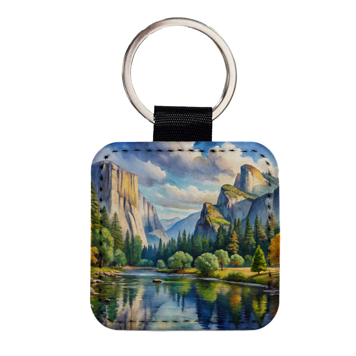 Yosemite National Park California Watercolor Style Square Faux Leather Keychain