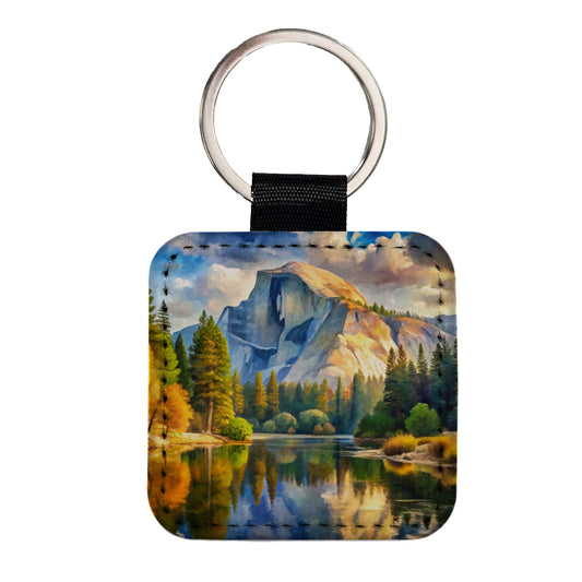 Yosemite National Park Half Dome Watercolor Style Square Faux Leather Keychain