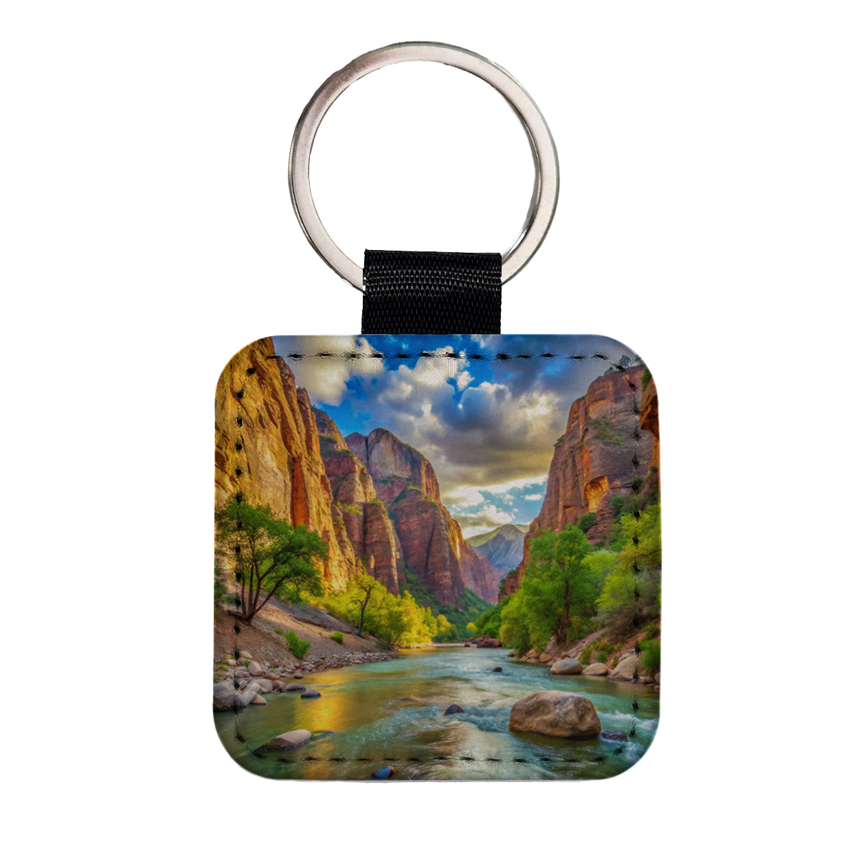 Zion National Park Utah Watercolor Style Square Faux Leather Keychain