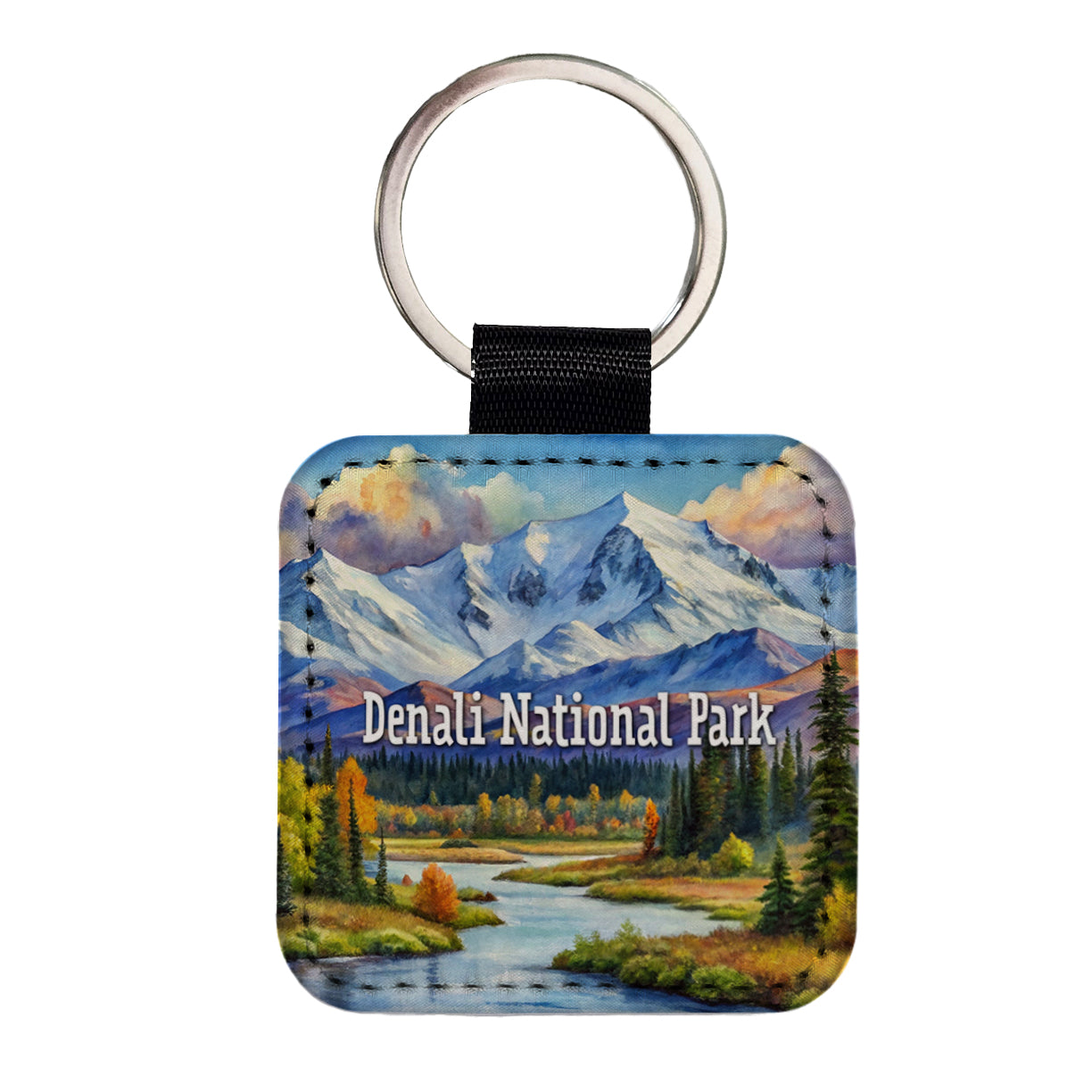Denali National Park Alaska Square Faux Leather Keychain