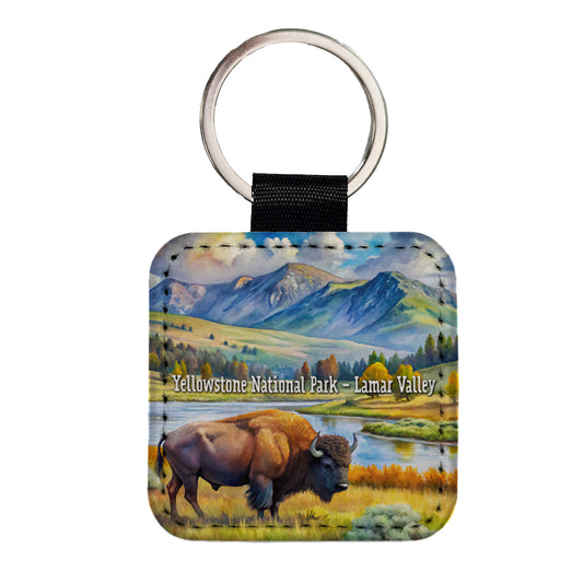 Yellowstone National Park Lamar Valley Square Faux Leather Keychain