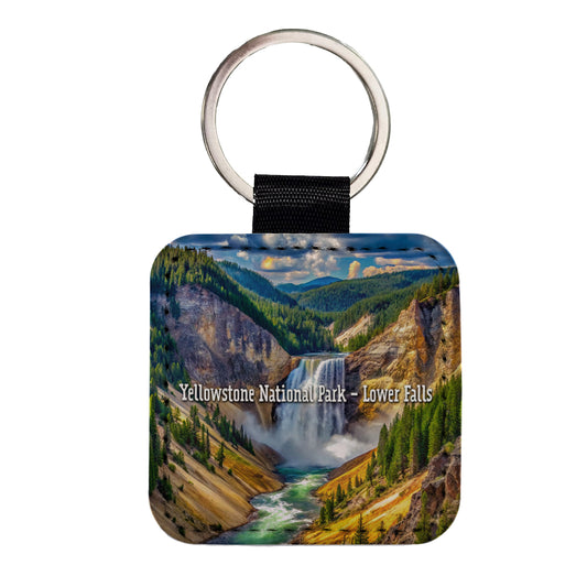 Yellowstone National Park Lower Falls Square Faux Leather Keychain